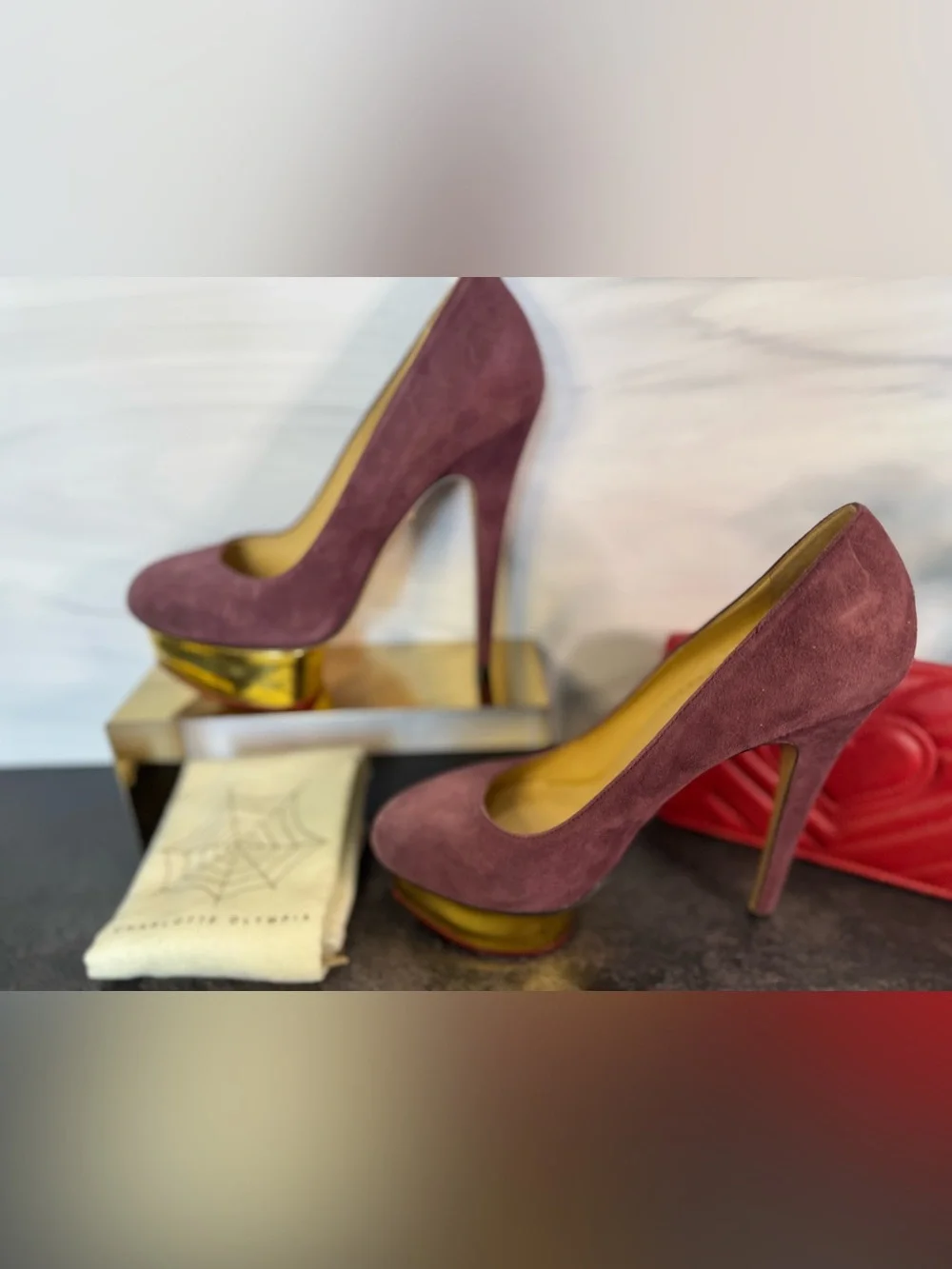 Charlotte Olympia Plum Suede & Gold Signature Platform Pumps Heels, Size 37.5